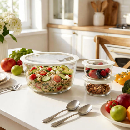 Urban Green Glass Food Container Set with Silicone Glass Lid, 3 Pack, Airtight, LeakProof, 100% Plastic Free, Meal Prep Containers (White Color)
