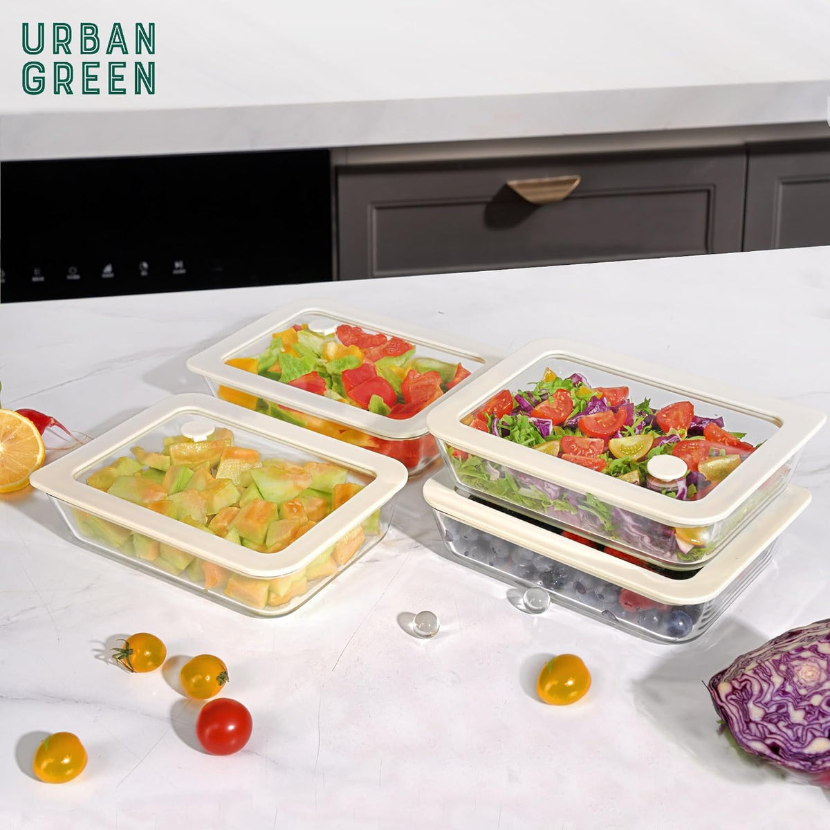Urban Green Glass Food Container Set with Silicone Glass Lid, 3 Pack, Airtight, LeakProof, 100% Plastic Free, Meal Prep Containers (White Color)