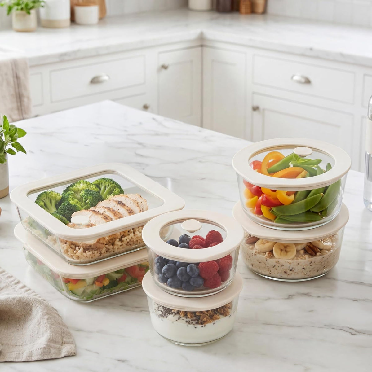 Urban Green Glass Food Container Set with Silicone Glass Lid, 3 Pack, Airtight, LeakProof, 100% Plastic Free, Meal Prep Containers (White Color)