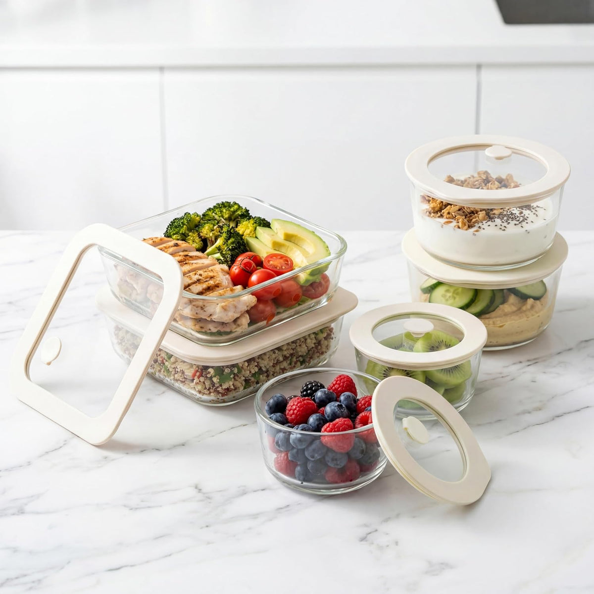 Urban Green Glass Food Container Set with Silicone Glass Lid, 3 Pack, Airtight, LeakProof, 100% Plastic Free, Meal Prep Containers (White Color)