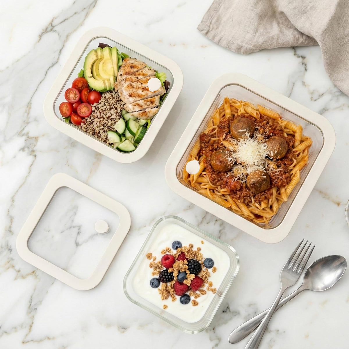 Urban Green Glass Food Container Set with Silicone Glass Lid, 3 Pack, Airtight, LeakProof, 100% Plastic Free, Meal Prep Containers (White Color)