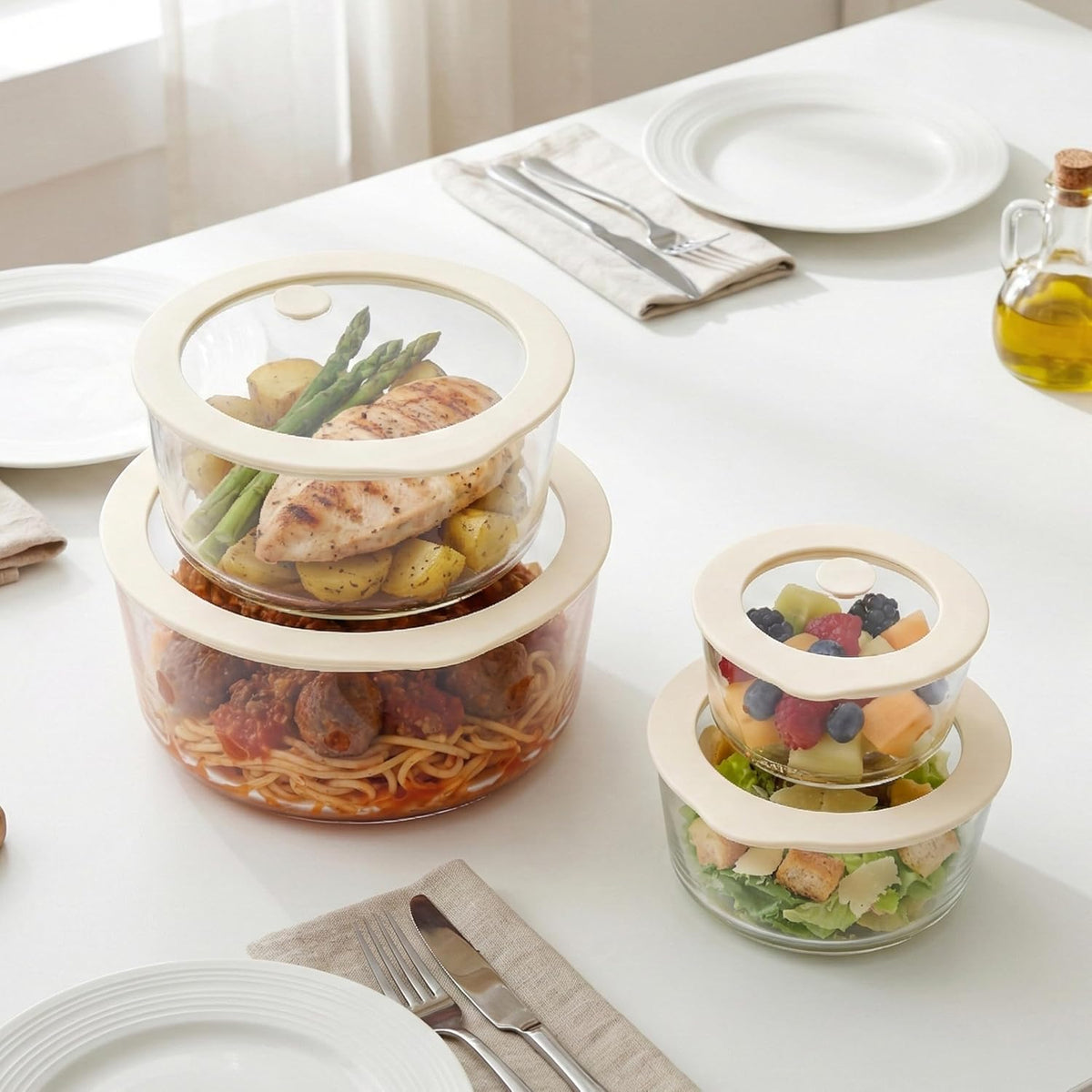Urban Green Glass Food Container Set with Silicone Glass Lid, 3 Pack, Airtight, LeakProof, 100% Plastic Free, Meal Prep Containers (White Color)