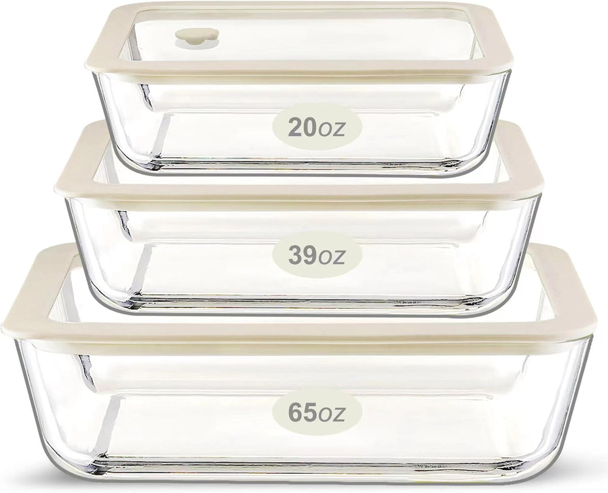 Urban Green Glass Food Container Set with Silicone Glass Lid, 3 Pack, Airtight, LeakProof, 100% Plastic Free, Meal Prep Containers (White Color)