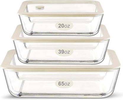 Urban Green Glass Food Container Set with Silicone Glass Lid, 3 Pack, Airtight, LeakProof, 100% Plastic Free, Meal Prep Containers (White Color)