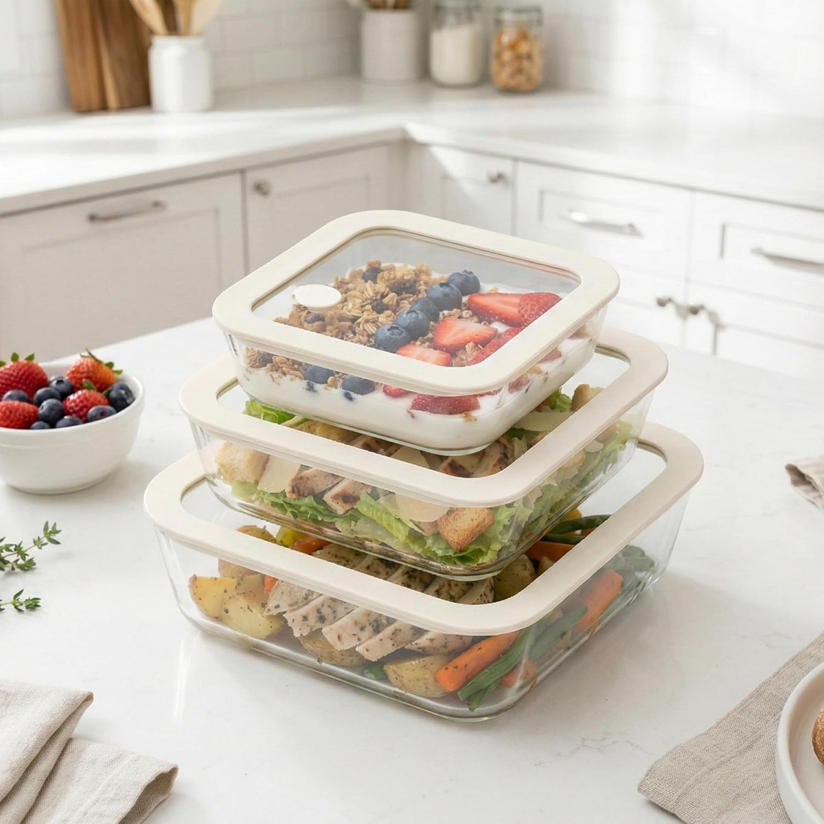 Urban Green Glass Food Container Set with Silicone Glass Lid, 3 Pack, Airtight, LeakProof, 100% Plastic Free, Meal Prep Containers (White Color)