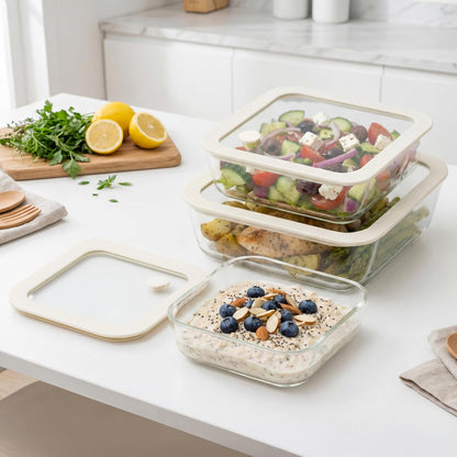 Urban Green Glass Food Container Set with Silicone Glass Lid, 3 Pack, Airtight, LeakProof, 100% Plastic Free, Meal Prep Containers (White Color)