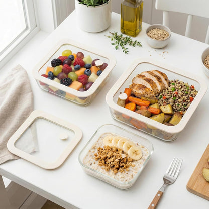 Urban Green Glass Food Container Set with Silicone Glass Lid, 3 Pack, Airtight, LeakProof, 100% Plastic Free, Meal Prep Containers (White Color)