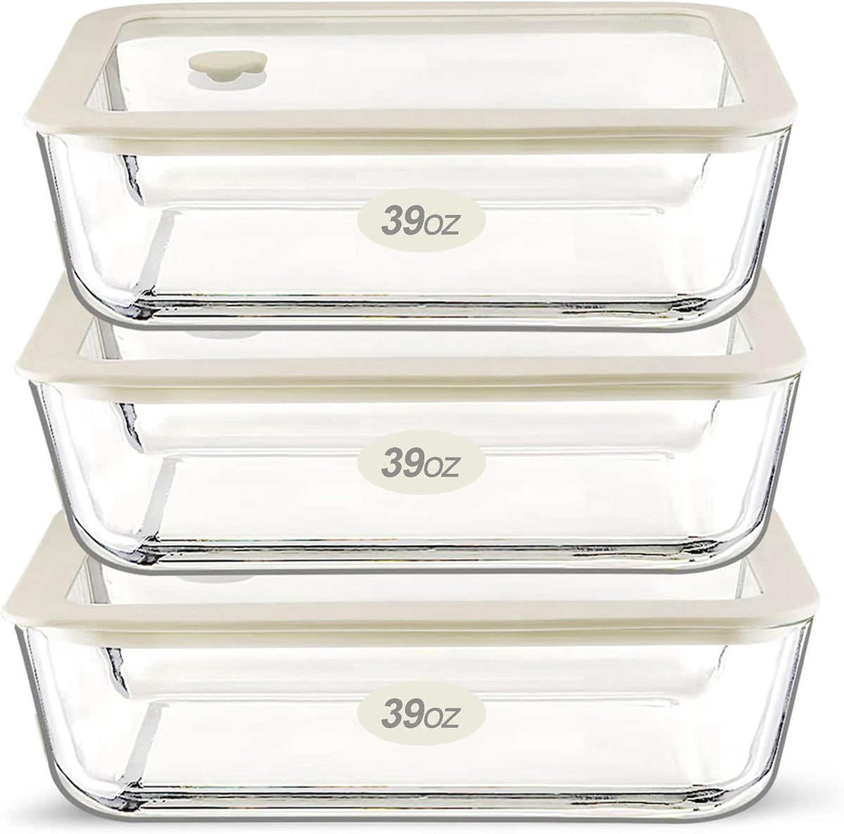 Urban Green Glass Food Container Set with Silicone Glass Lid, 3 Pack, Airtight, LeakProof, 100% Plastic Free, Meal Prep Containers (White Color)