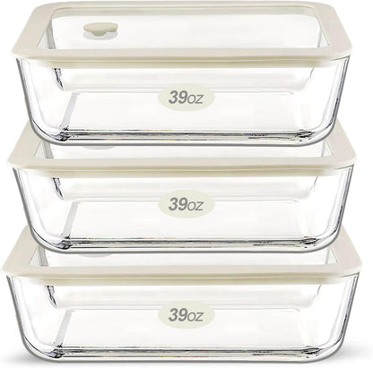 Urban Green Glass Food Container Set with Silicone Glass Lid, 3 Pack, Airtight, LeakProof, 100% Plastic Free, Meal Prep Containers (White Color)