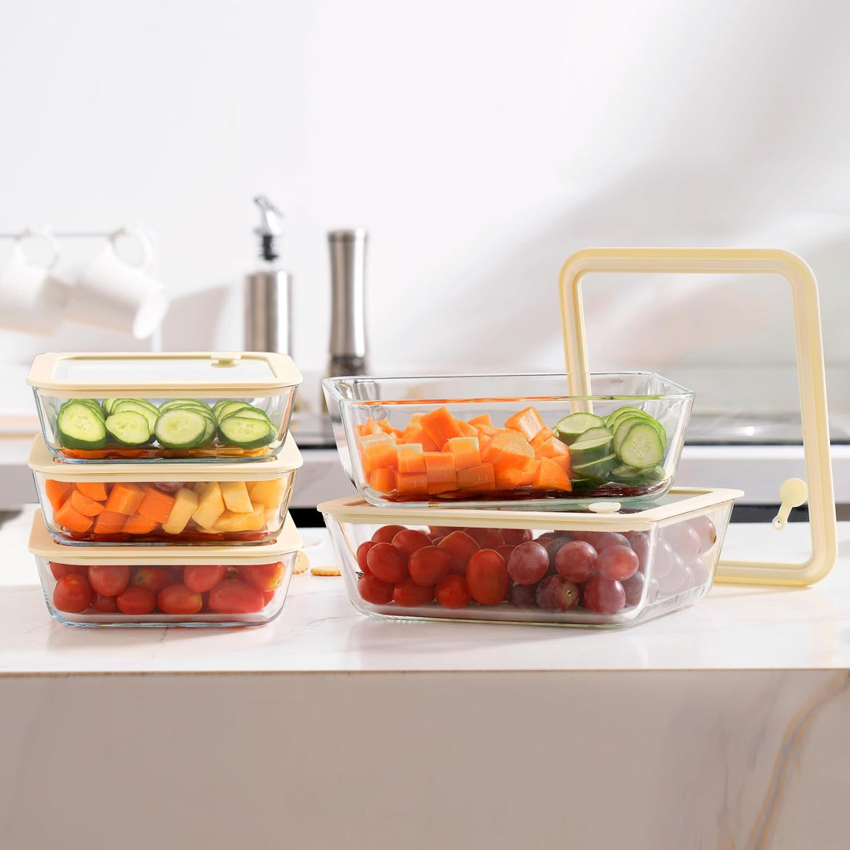 Urban Green Glass Food Container Set with Silicone Glass Lid, 3 Pack, Airtight, LeakProof, 100% Plastic Free, Meal Prep Containers (White Color)