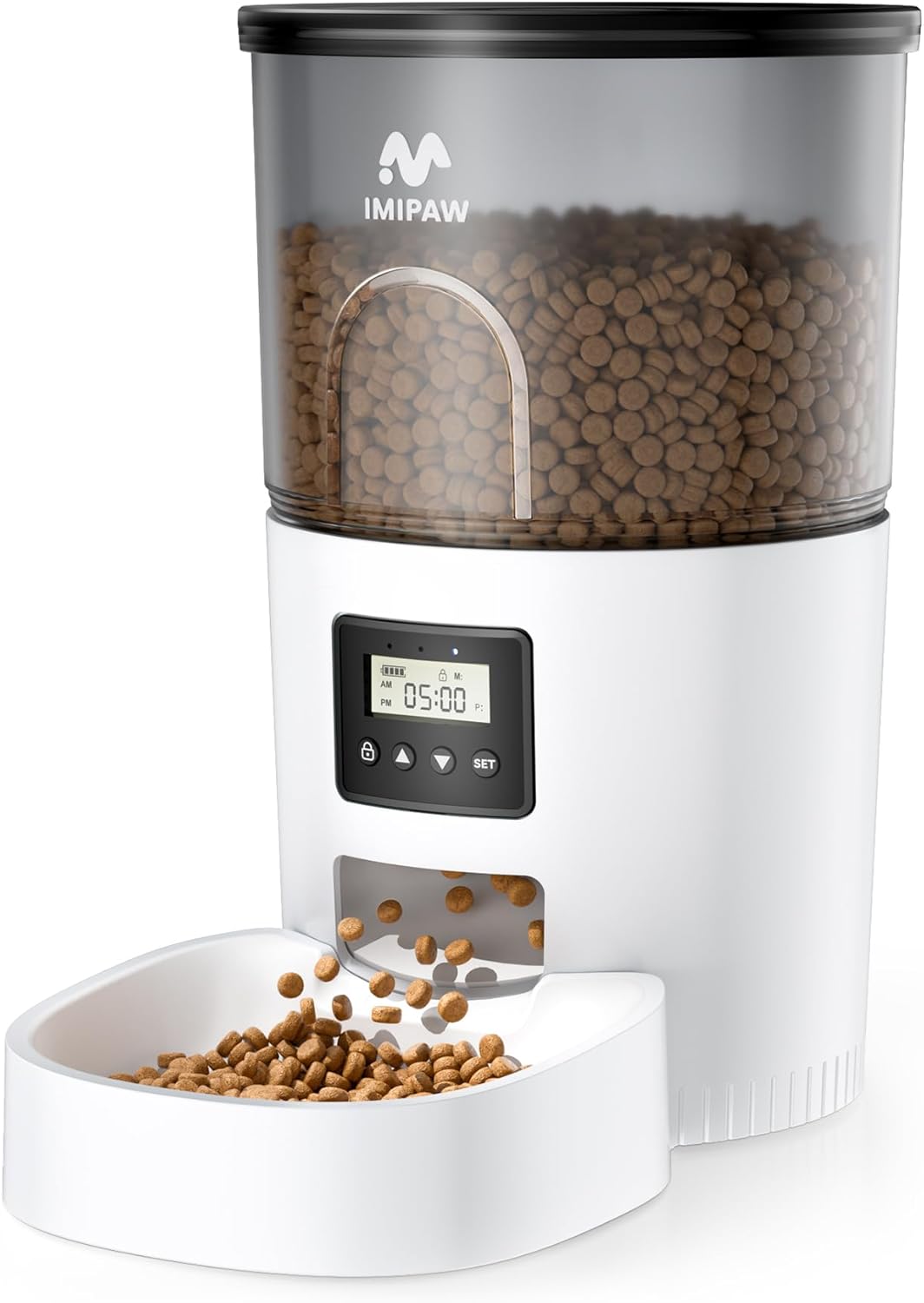 Automatic Cat Feeders, Timed Cat Dry Food Dispenser with Desiccant Bag, Dual Power Supply, Programmable Portion Size, 6 Meals, 20 Portions Per Day, Auto Pet Feeder for Cats and Small Dog, White