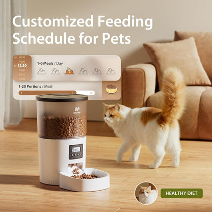 Automatic Cat Feeders, Timed Cat Dry Food Dispenser with Desiccant Bag, Dual Power Supply, Programmable Portion Size, 6 Meals, 20 Portions Per Day, Auto Pet Feeder for Cats and Small Dog, White