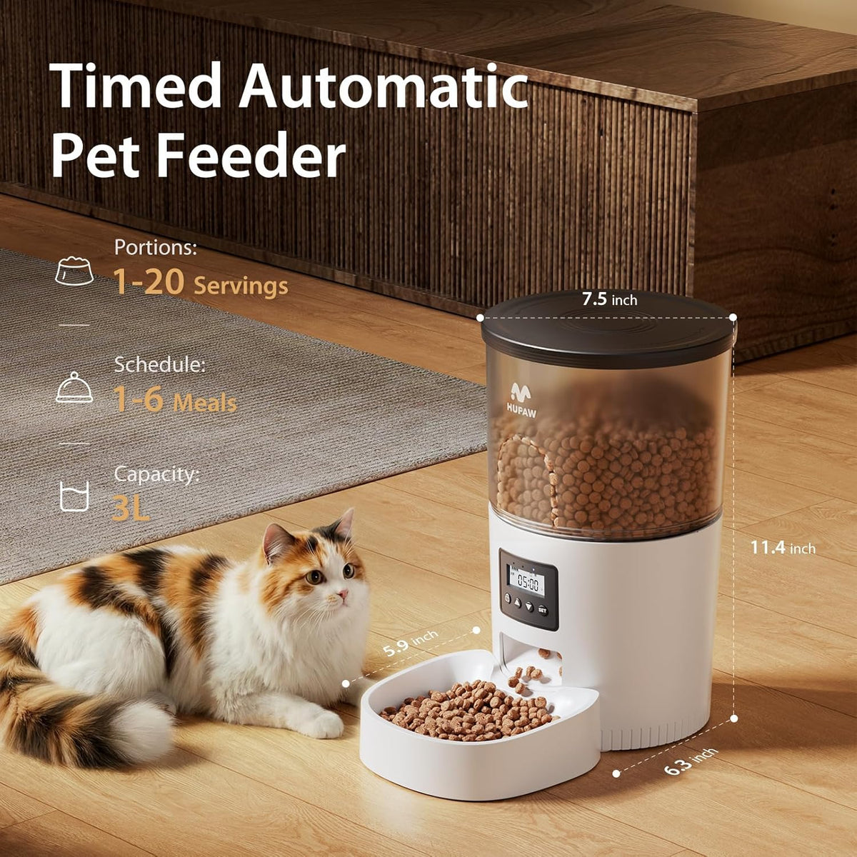 Automatic Cat Feeders, Timed Cat Dry Food Dispenser with Desiccant Bag, Dual Power Supply, Programmable Portion Size, 6 Meals, 20 Portions Per Day, Auto Pet Feeder for Cats and Small Dog, White