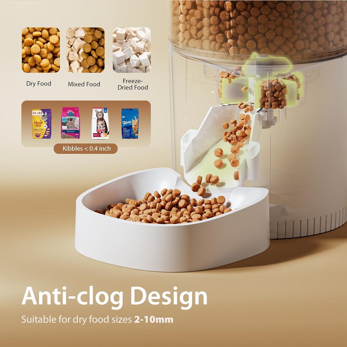 Automatic Cat Feeders, Timed Cat Dry Food Dispenser with Desiccant Bag, Dual Power Supply, Programmable Portion Size, 6 Meals, 20 Portions Per Day, Auto Pet Feeder for Cats and Small Dog, White