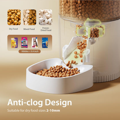 Automatic Cat Feeders, Timed Cat Dry Food Dispenser with Desiccant Bag, Dual Power Supply, Programmable Portion Size, 6 Meals, 20 Portions Per Day, Auto Pet Feeder for Cats and Small Dog, White