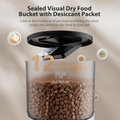Automatic Cat Feeders, Timed Cat Dry Food Dispenser with Desiccant Bag, Dual Power Supply, Programmable Portion Size, 6 Meals, 20 Portions Per Day, Auto Pet Feeder for Cats and Small Dog, White