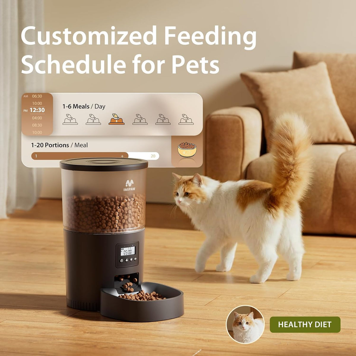 Automatic Cat Feeders, Timed Cat Dry Food Dispenser with Desiccant Bag, Dual Power Supply, Programmable Portion Size, 6 Meals, 20 Portions Per Day, Auto Pet Feeder for Cats and Small Dog, White
