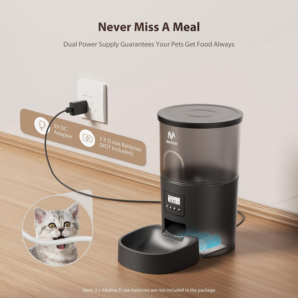 Automatic Cat Feeders, Timed Cat Dry Food Dispenser with Desiccant Bag, Dual Power Supply, Programmable Portion Size, 6 Meals, 20 Portions Per Day, Auto Pet Feeder for Cats and Small Dog, White