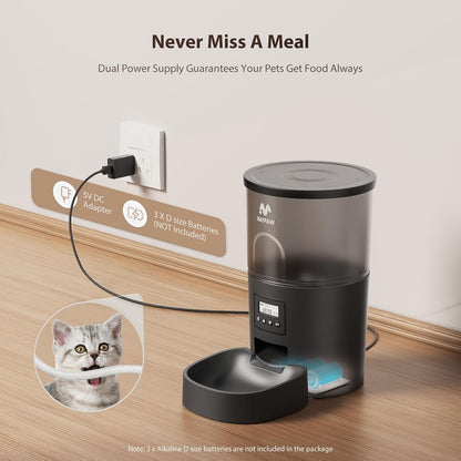 Automatic Cat Feeders, Timed Cat Dry Food Dispenser with Desiccant Bag, Dual Power Supply, Programmable Portion Size, 6 Meals, 20 Portions Per Day, Auto Pet Feeder for Cats and Small Dog, White