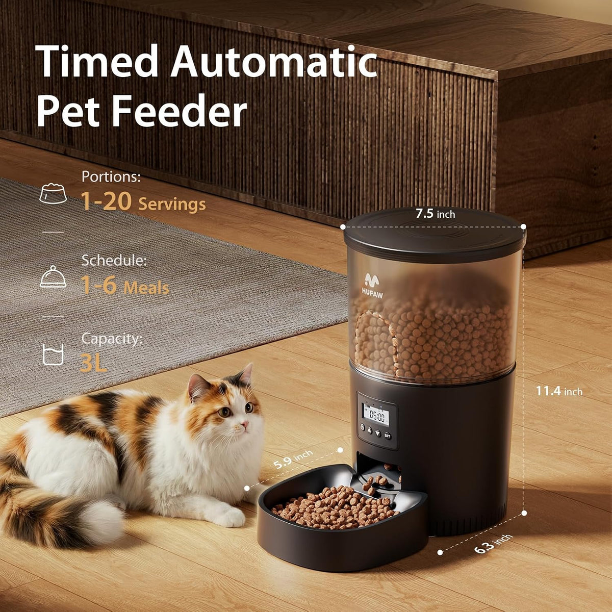 Automatic Cat Feeders, Timed Cat Dry Food Dispenser with Desiccant Bag, Dual Power Supply, Programmable Portion Size, 6 Meals, 20 Portions Per Day, Auto Pet Feeder for Cats and Small Dog, White