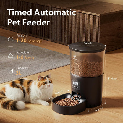 Automatic Cat Feeders, Timed Cat Dry Food Dispenser with Desiccant Bag, Dual Power Supply, Programmable Portion Size, 6 Meals, 20 Portions Per Day, Auto Pet Feeder for Cats and Small Dog, White