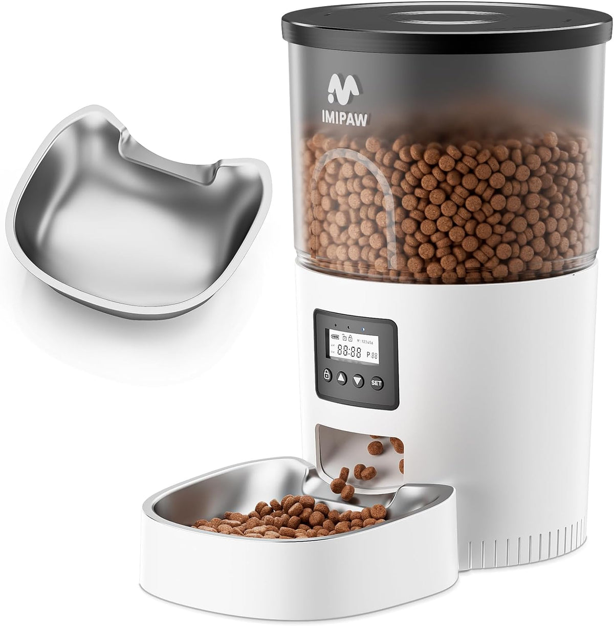 Automatic Cat Feeders, Timed Cat Dry Food Dispenser with Desiccant Bag, Dual Power Supply, Programmable Portion Size, 6 Meals, 20 Portions Per Day, Auto Pet Feeder for Cats and Small Dog, White