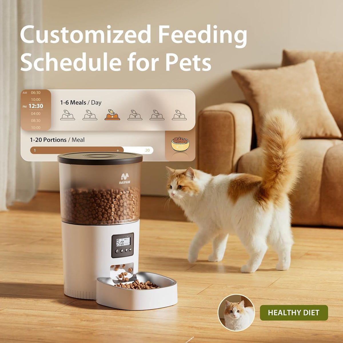 Automatic Cat Feeders, Timed Cat Dry Food Dispenser with Desiccant Bag, Dual Power Supply, Programmable Portion Size, 6 Meals, 20 Portions Per Day, Auto Pet Feeder for Cats and Small Dog, White