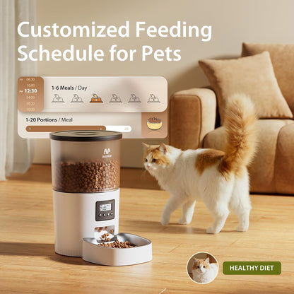 Automatic Cat Feeders, Timed Cat Dry Food Dispenser with Desiccant Bag, Dual Power Supply, Programmable Portion Size, 6 Meals, 20 Portions Per Day, Auto Pet Feeder for Cats and Small Dog, White