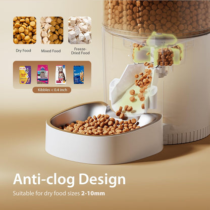 Automatic Cat Feeders, Timed Cat Dry Food Dispenser with Desiccant Bag, Dual Power Supply, Programmable Portion Size, 6 Meals, 20 Portions Per Day, Auto Pet Feeder for Cats and Small Dog, White
