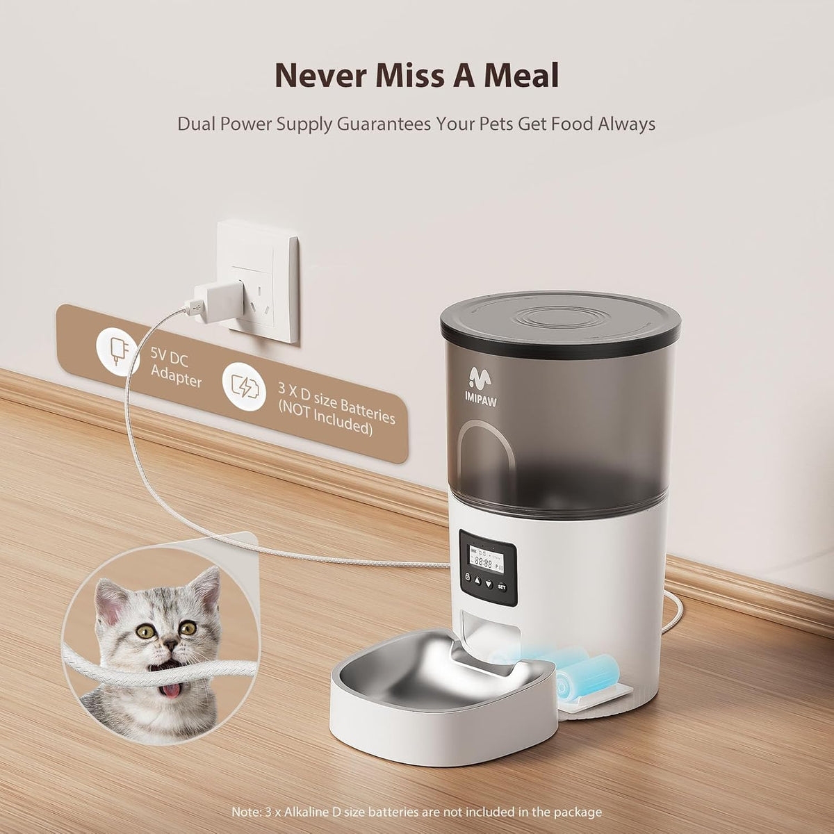 Automatic Cat Feeders, Timed Cat Dry Food Dispenser with Desiccant Bag, Dual Power Supply, Programmable Portion Size, 6 Meals, 20 Portions Per Day, Auto Pet Feeder for Cats and Small Dog, White