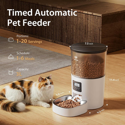 Automatic Cat Feeders, Timed Cat Dry Food Dispenser with Desiccant Bag, Dual Power Supply, Programmable Portion Size, 6 Meals, 20 Portions Per Day, Auto Pet Feeder for Cats and Small Dog, White
