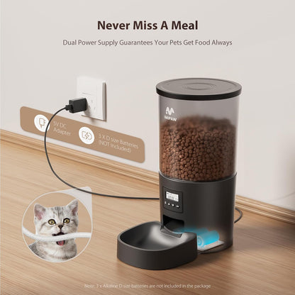 Automatic Cat Feeders, Timed Cat Dry Food Dispenser with Desiccant Bag, Dual Power Supply, Programmable Portion Size, 6 Meals, 20 Portions Per Day, Auto Pet Feeder for Cats and Small Dog, White