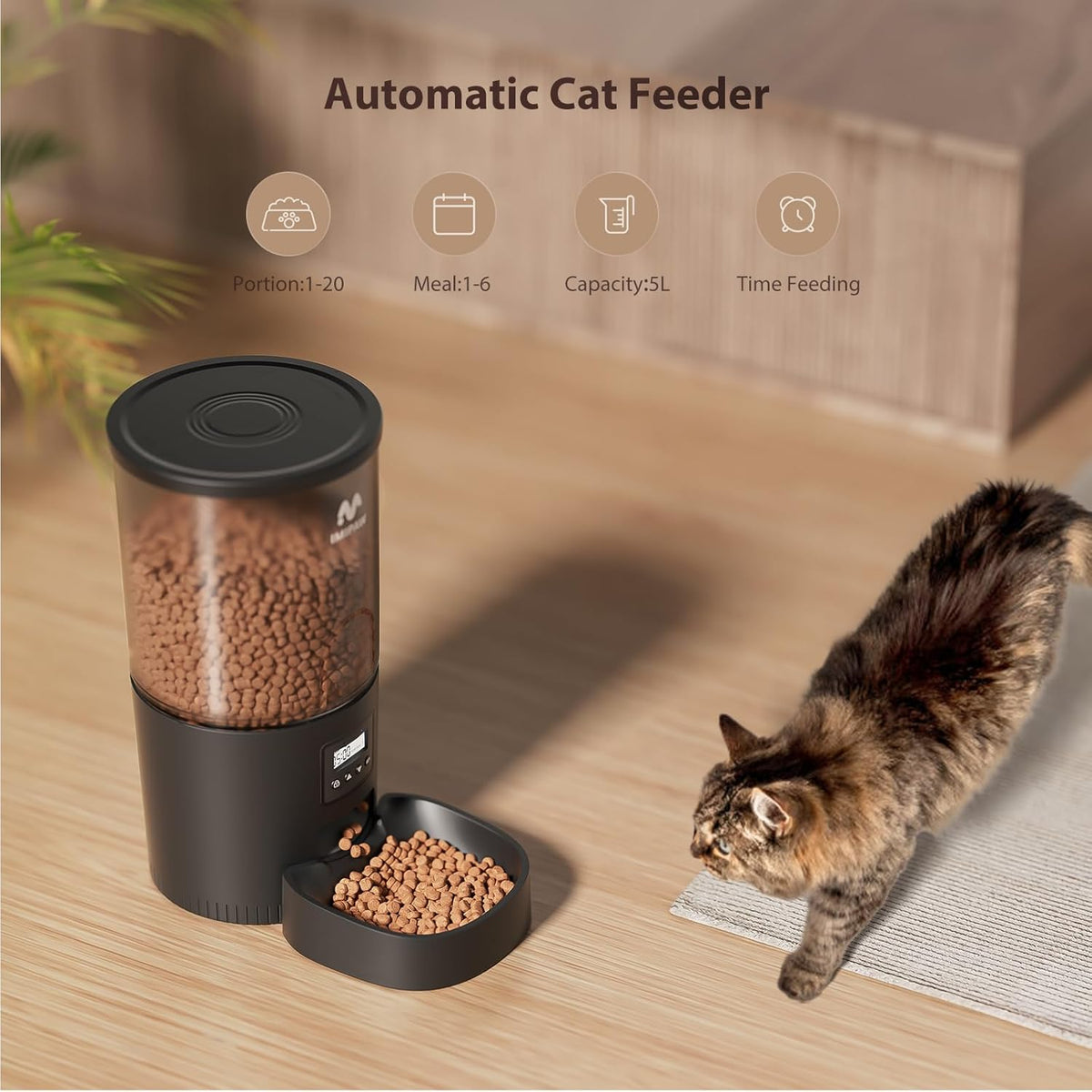 Automatic Cat Feeders, Timed Cat Dry Food Dispenser with Desiccant Bag, Dual Power Supply, Programmable Portion Size, 6 Meals, 20 Portions Per Day, Auto Pet Feeder for Cats and Small Dog, White