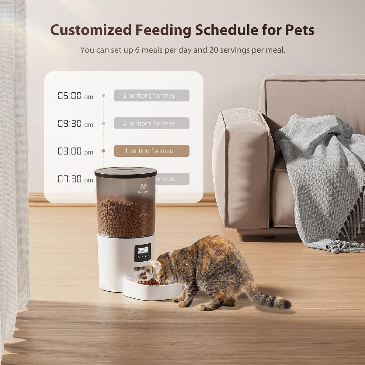 Automatic Cat Feeders, Timed Cat Dry Food Dispenser with Desiccant Bag, Dual Power Supply, Programmable Portion Size, 6 Meals, 20 Portions Per Day, Auto Pet Feeder for Cats and Small Dog, White