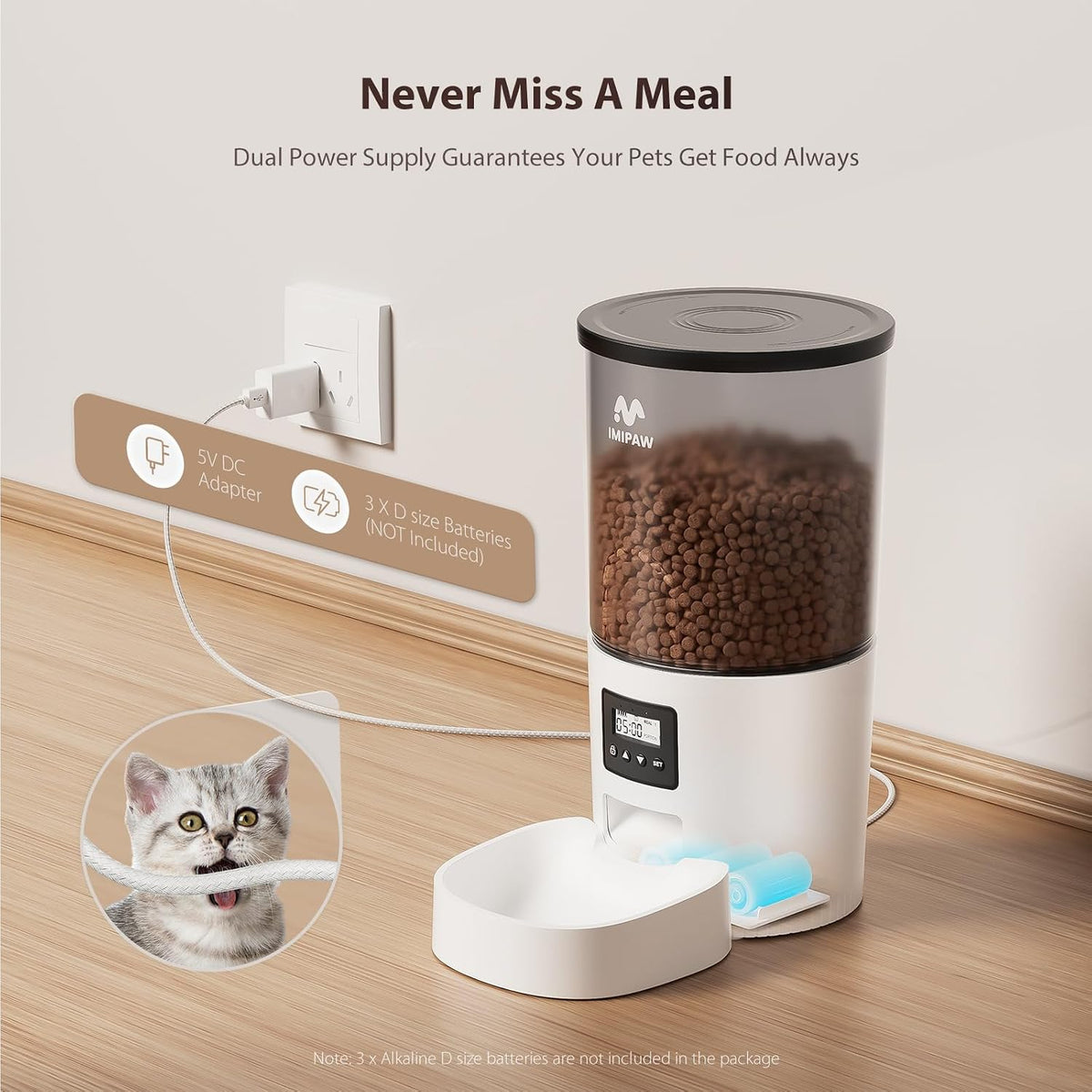 Automatic Cat Feeders, Timed Cat Dry Food Dispenser with Desiccant Bag, Dual Power Supply, Programmable Portion Size, 6 Meals, 20 Portions Per Day, Auto Pet Feeder for Cats and Small Dog, White