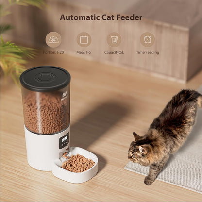 Automatic Cat Feeders, Timed Cat Dry Food Dispenser with Desiccant Bag, Dual Power Supply, Programmable Portion Size, 6 Meals, 20 Portions Per Day, Auto Pet Feeder for Cats and Small Dog, White