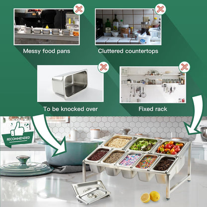 2-Tier Inclined Organizer Shelf, 18-8 Stainless Steel, For 1/3, 1/6, 1/9 Pans, Hotel Pan Holder, Pans Not Included (2 Tier)