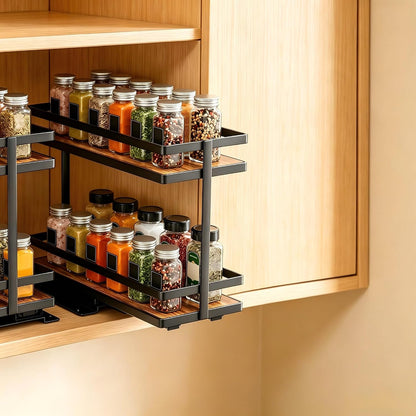 Pull Out Spice Rack 2Pcs Metal & Wood Seasoning Organizer Black | No-Drill Install | Full-Extension Silent Glide | Each Tier Holds 10–12 Standard Spice Bottles | Rustproof, Wipe-Clean Surface
