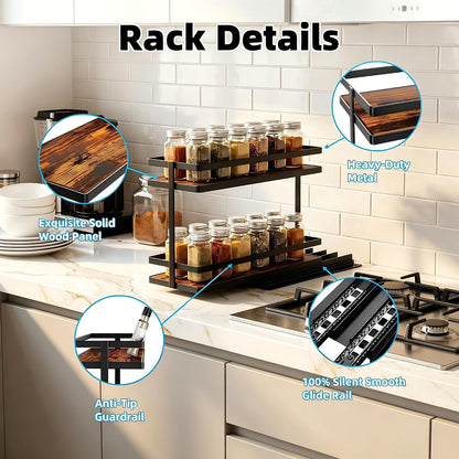 Pull Out Spice Rack 2Pcs Metal & Wood Seasoning Organizer Black | No-Drill Install | Full-Extension Silent Glide | Each Tier Holds 10–12 Standard Spice Bottles | Rustproof, Wipe-Clean Surface