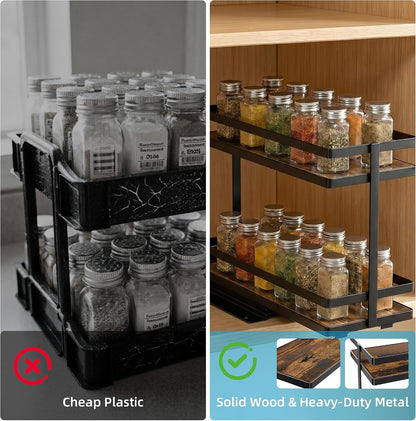 Pull Out Spice Rack 2Pcs Metal & Wood Seasoning Organizer Black | No-Drill Install | Full-Extension Silent Glide | Each Tier Holds 10–12 Standard Spice Bottles | Rustproof, Wipe-Clean Surface
