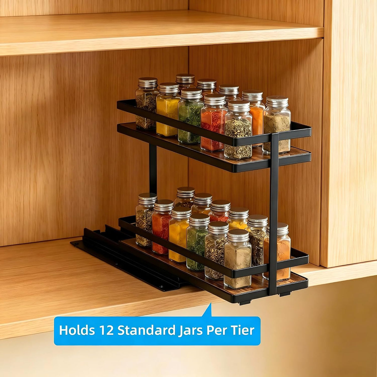 Pull Out Spice Rack 2Pcs Metal & Wood Seasoning Organizer Black | No-Drill Install | Full-Extension Silent Glide | Each Tier Holds 10–12 Standard Spice Bottles | Rustproof, Wipe-Clean Surface