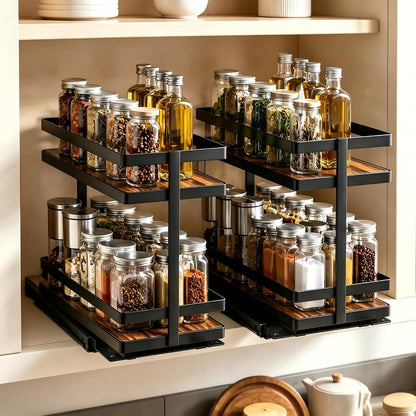 Pull Out Spice Rack 2Pcs Metal & Wood Seasoning Organizer Black | No-Drill Install | Full-Extension Silent Glide | Each Tier Holds 10–12 Standard Spice Bottles | Rustproof, Wipe-Clean Surface