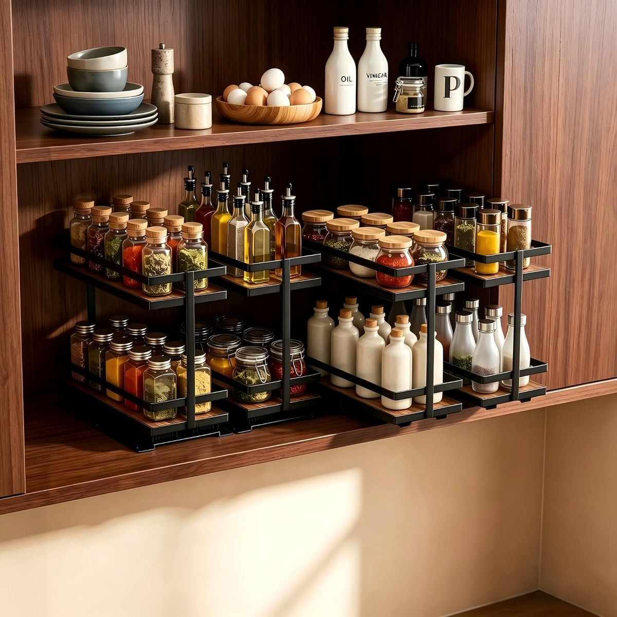 Pull Out Spice Rack 2Pcs Metal & Wood Seasoning Organizer Black | No-Drill Install | Full-Extension Silent Glide | Each Tier Holds 10–12 Standard Spice Bottles | Rustproof, Wipe-Clean Surface