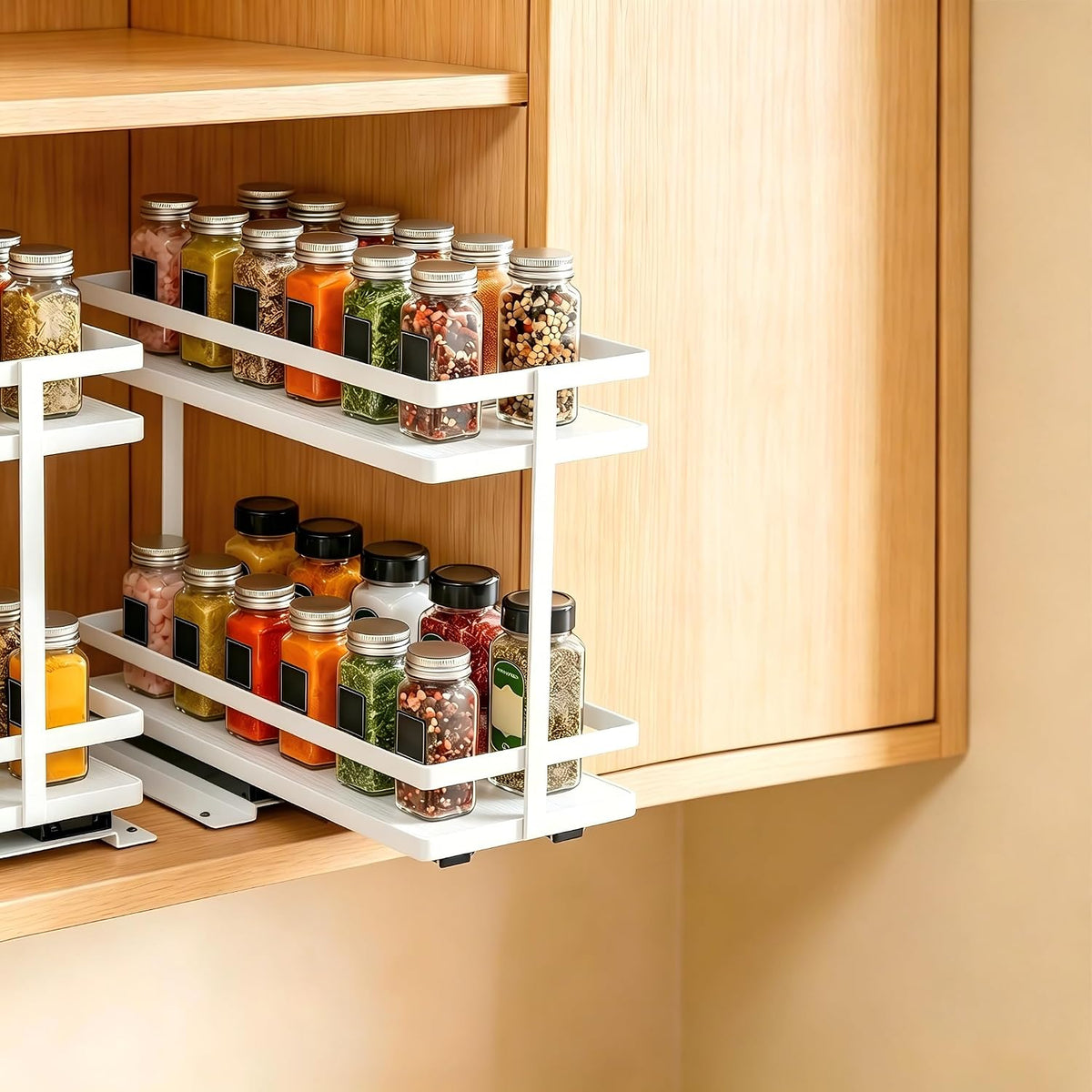 Pull Out Spice Rack 2Pcs Metal & Wood Seasoning Organizer Black | No-Drill Install | Full-Extension Silent Glide | Each Tier Holds 10–12 Standard Spice Bottles | Rustproof, Wipe-Clean Surface
