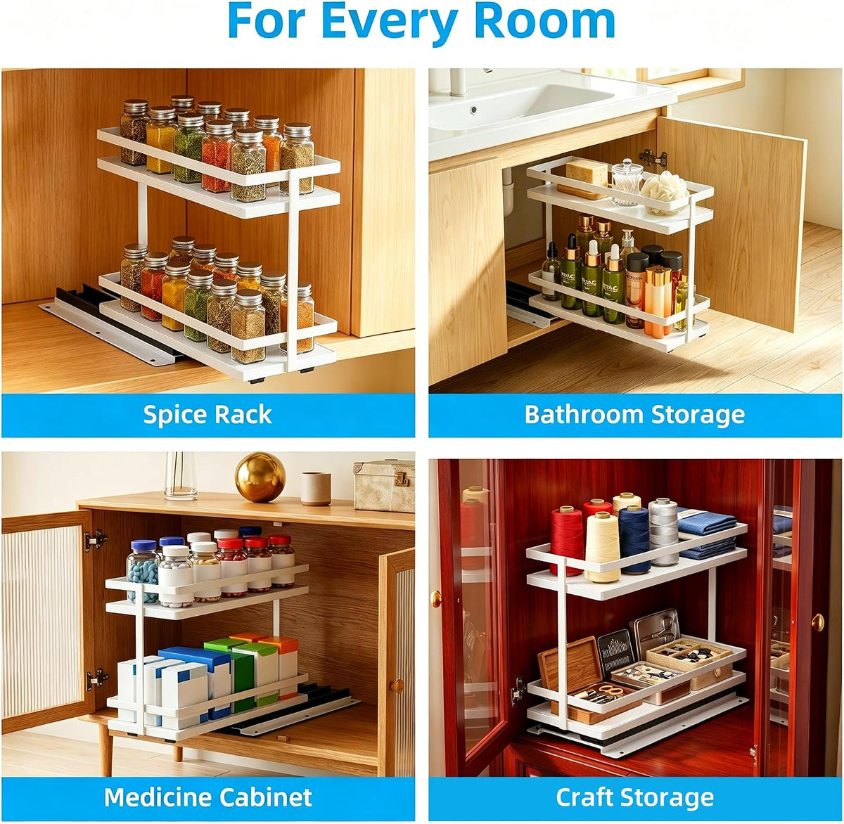 Pull Out Spice Rack 2Pcs Metal & Wood Seasoning Organizer Black | No-Drill Install | Full-Extension Silent Glide | Each Tier Holds 10–12 Standard Spice Bottles | Rustproof, Wipe-Clean Surface