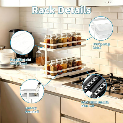 Pull Out Spice Rack 2Pcs Metal & Wood Seasoning Organizer Black | No-Drill Install | Full-Extension Silent Glide | Each Tier Holds 10–12 Standard Spice Bottles | Rustproof, Wipe-Clean Surface