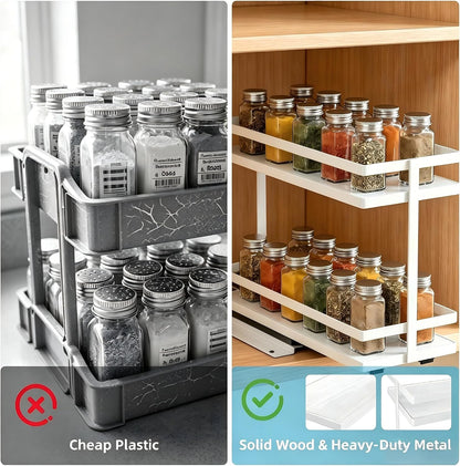 Pull Out Spice Rack 2Pcs Metal & Wood Seasoning Organizer Black | No-Drill Install | Full-Extension Silent Glide | Each Tier Holds 10–12 Standard Spice Bottles | Rustproof, Wipe-Clean Surface