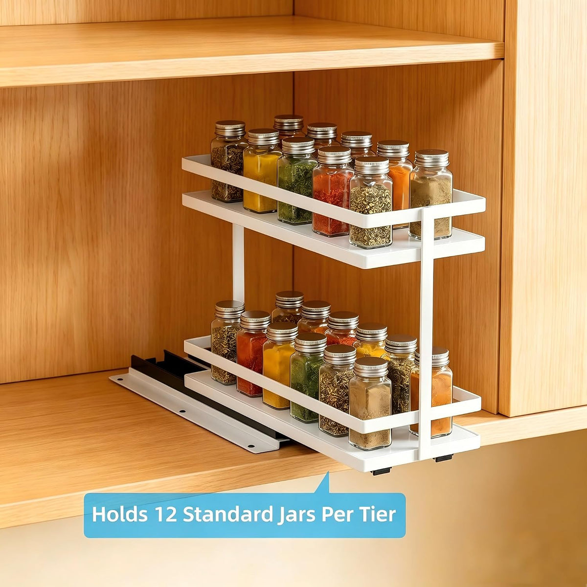 Pull Out Spice Rack 2Pcs Metal & Wood Seasoning Organizer Black | No-Drill Install | Full-Extension Silent Glide | Each Tier Holds 10–12 Standard Spice Bottles | Rustproof, Wipe-Clean Surface
