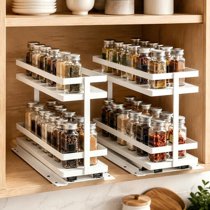 Pull Out Spice Rack 2Pcs Metal & Wood Seasoning Organizer Black | No-Drill Install | Full-Extension Silent Glide | Each Tier Holds 10–12 Standard Spice Bottles | Rustproof, Wipe-Clean Surface