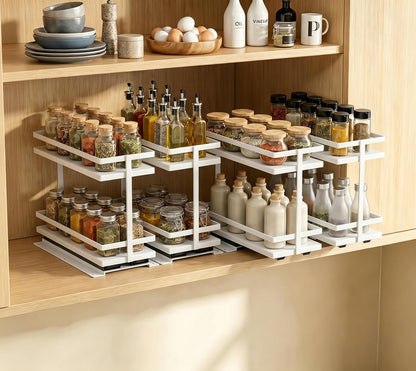 Pull Out Spice Rack 2Pcs Metal & Wood Seasoning Organizer Black | No-Drill Install | Full-Extension Silent Glide | Each Tier Holds 10–12 Standard Spice Bottles | Rustproof, Wipe-Clean Surface